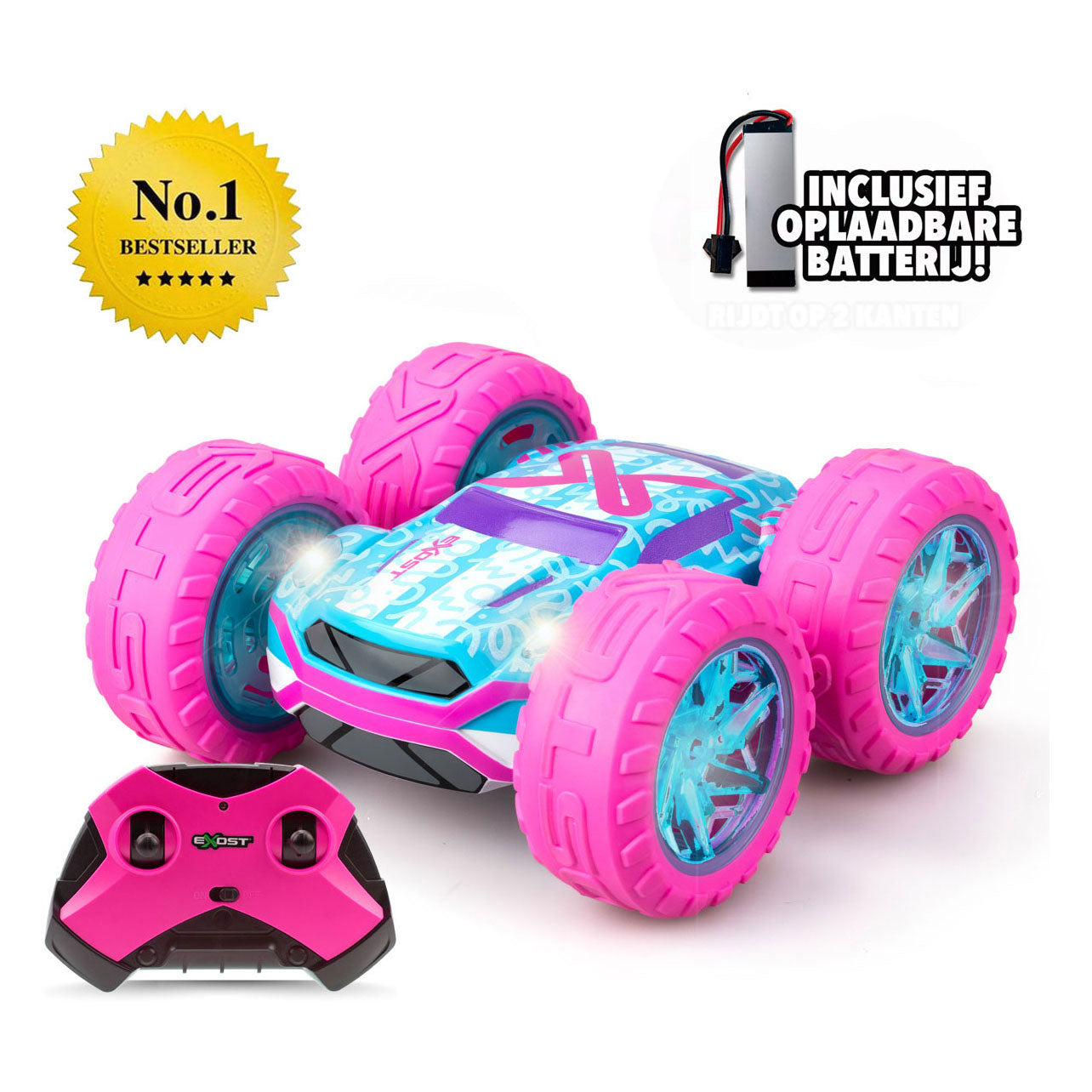 Exost rc 360 cross flash stuntauto roze 1:18 - flashing wheels - incl. oplaadbare batterij - rc auto