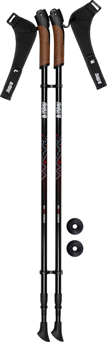 Abbey camp nordic walking stokken - telescopisch verstelbaar - paar - zwart rood