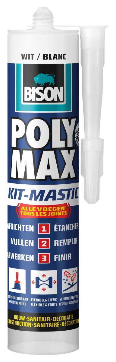 Bison poly max kit wit koker 280 ml, alles in 1 kit, waterdichte afdichting, universeel, binnen en buiten, overschilderbaar, vullend, krimpvrij, temperatuurbestendig van - 40°c tot + 100°c