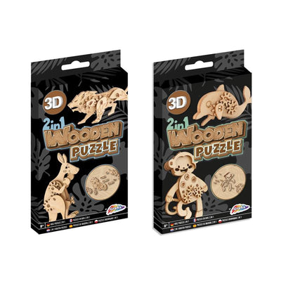2-in-1 Houten Bouwpakket 3D Puzzel - Dolfijn en Aap