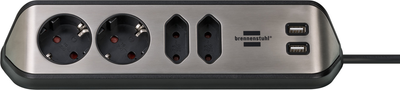 Brennenstuhl estilo hoekstekkerdoos 4-voudig stekkerdoos (zwart roestvrij staal, 2x usb)