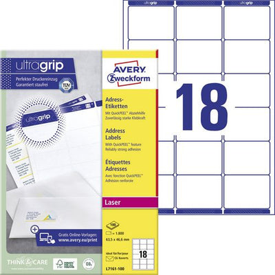 Avery gerecycleerde etiketten voor laserprinters quickpeel lr7161-100 63,5x46,6mm