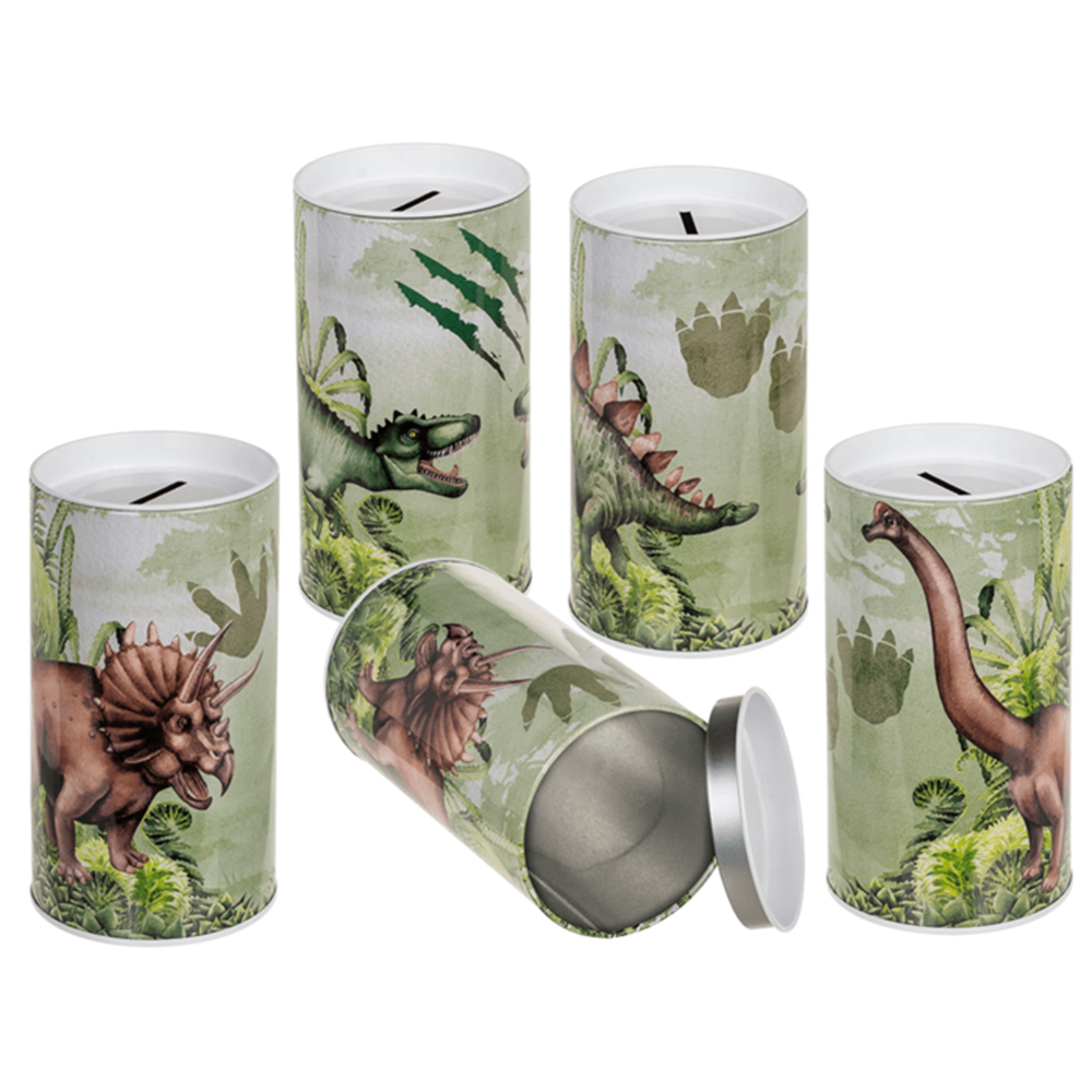 Metalen spaarpot, dinosaurus. 4 assortie