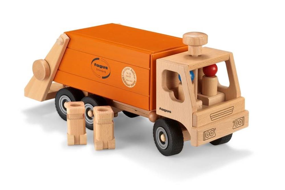 Houten vuilniswagen oranje 43 cm met 2