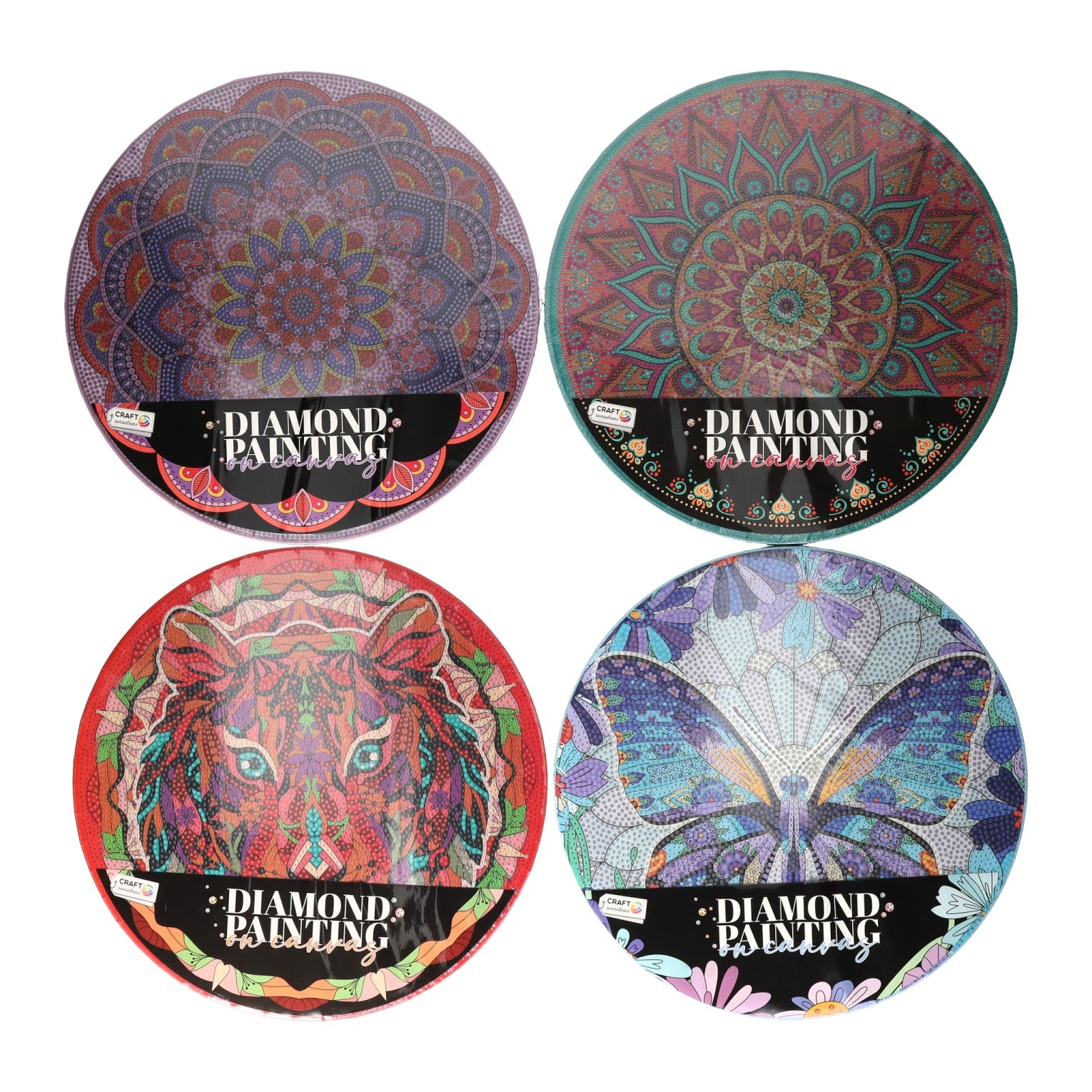 Diamond painting rond 30x30cm, set van 8 canvassen
