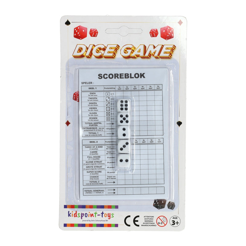 Dobbelspel met scoreblok en 5 dobbelstenen