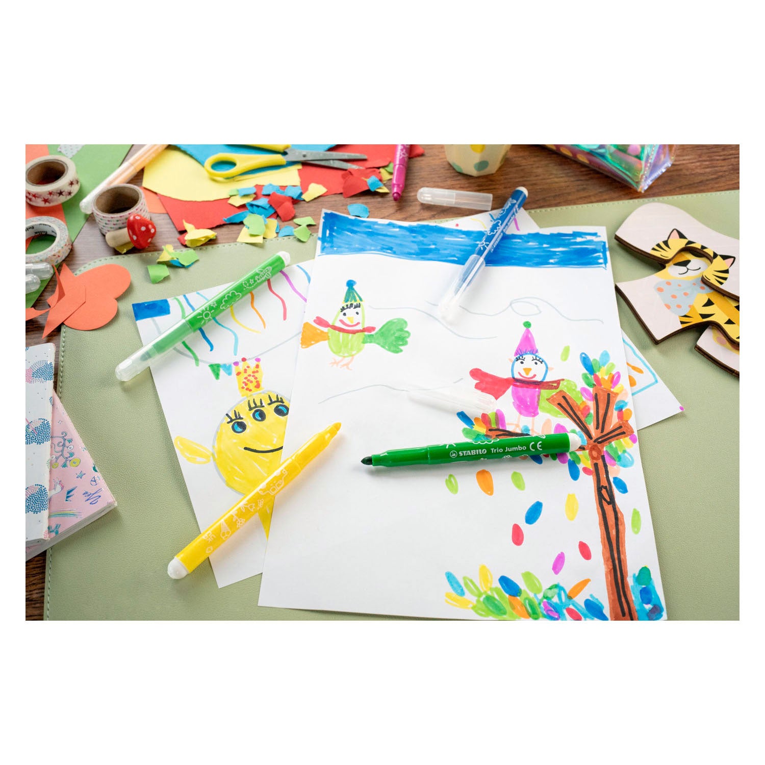 Stabilo trio jumbo - viltstift - robuuste xl-punt - 12 kleuren - plastic koker met 48 stuks