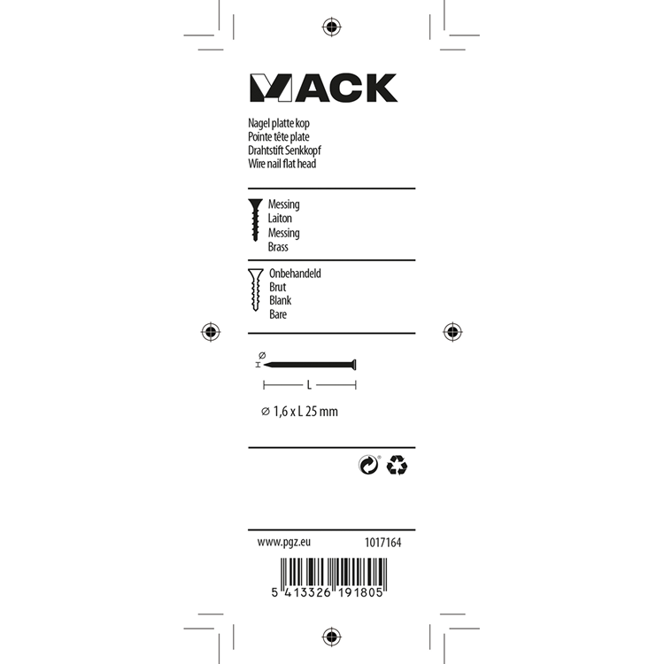 Mack 1017164 - nagel platte kop messing 20 gr1,6 x 25 mm | 10 stuks