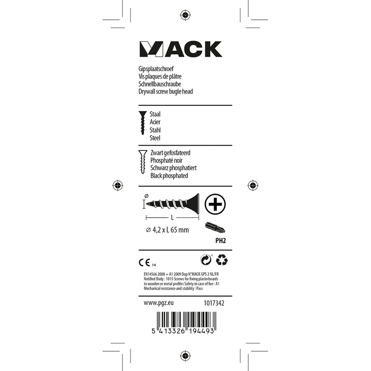 Mack 1017342 - gipsplaatschroef zwart gefosf. 12 st 4,2 x 65 mm | 10 stuks
