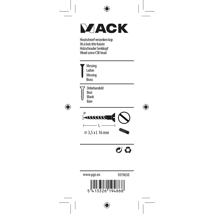 Mack 1019650 - houtschroef verzonken kop messing 12st 3,5 x 16 mm | 10 stuks