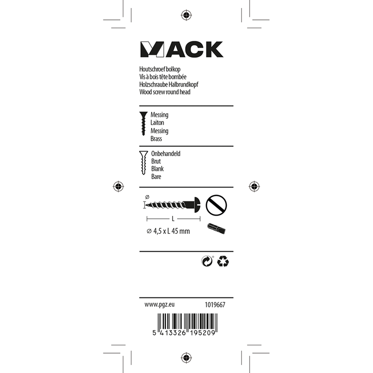 Mack 1019667 - houtschroef bolkop messing 4 st 4,5 x 45 mm | 10 stuks