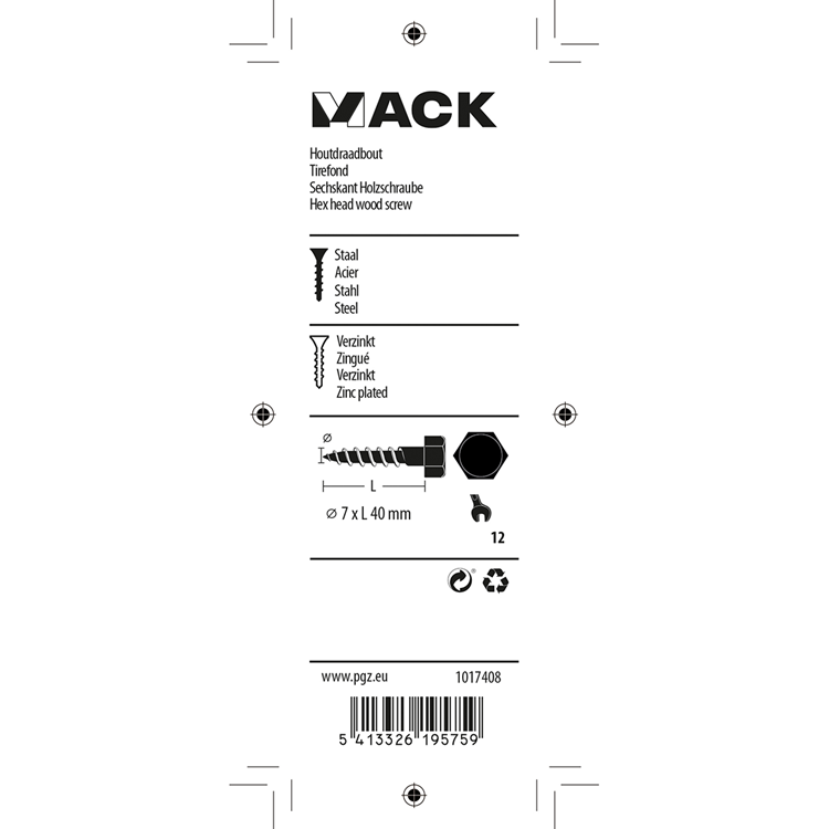 Mack 1017408 - houtdraadbout staal verzinkt 10 st 7 x 40 mm | 5 stuks