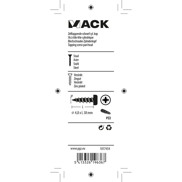 Mack 1017454 - zelftappende schroef cyl kop verz. 9 st 4,8 x 38 mm | 10 stuks