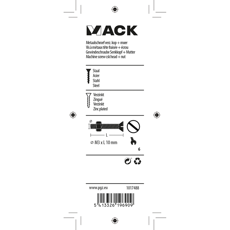Mack 1017488 - metaalschroef verz. kop + moer verz. 30st m3 x 10 mm | 10 stuks