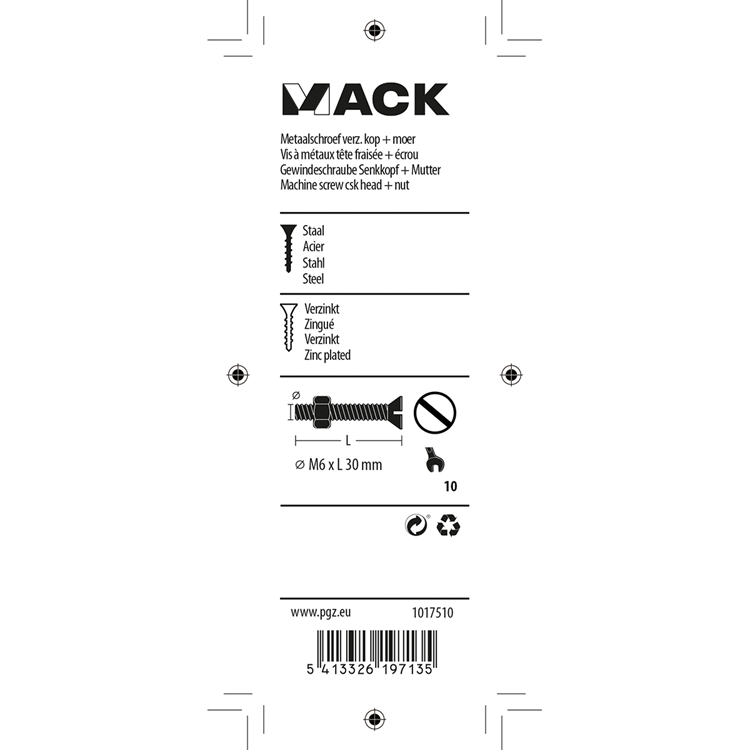 Mack 1017510 - metaalschroef verz. kop + moer verz. 8 st m6 x 30 mm | 10 stuks