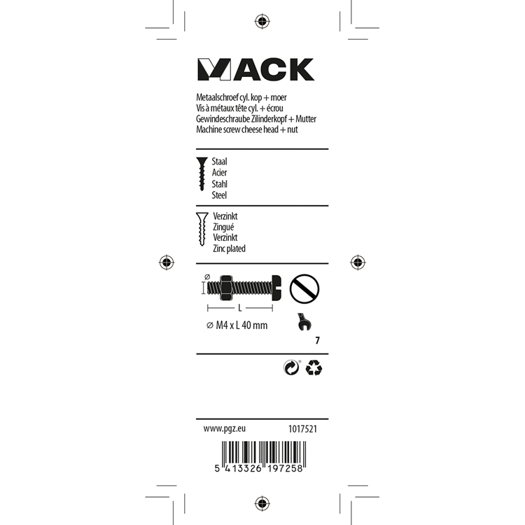Mack 1017521 - metaalschroef cyl. kop + moer verz. 12 st m4 x 40 mm | 10 stuks
