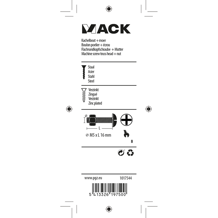Mack 1017544 - kachelbout + moer staal verzinkt 16 st m5 x 16 mm | 10 stuks