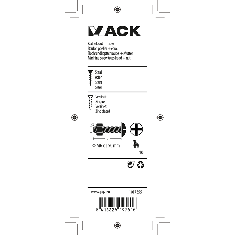 Mack 1017555 - kachelbout + moer staal verzinkt 6 st m6 x 50 mm | 5 stuks