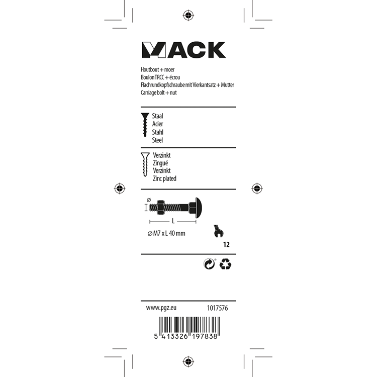 Mack 1017576 - houtbout + moer staal verzinkt5 st m7 x 40 mm | 5 stuks