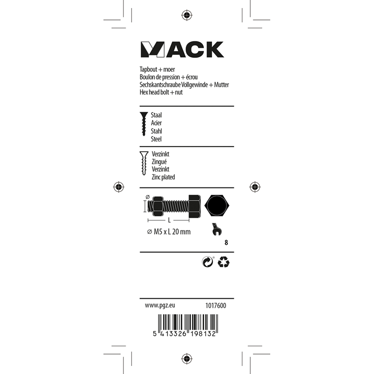 Mack 1017600 - tapbout + moer staal verzinkt 14 st m5 x 20 mm | 10 stuks