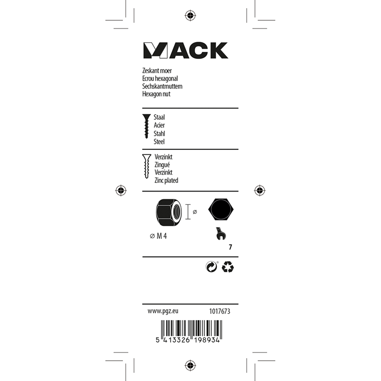 Mack 1017673 - zeskant moer staal verzinkt 50 st m 4 | 10 stuks