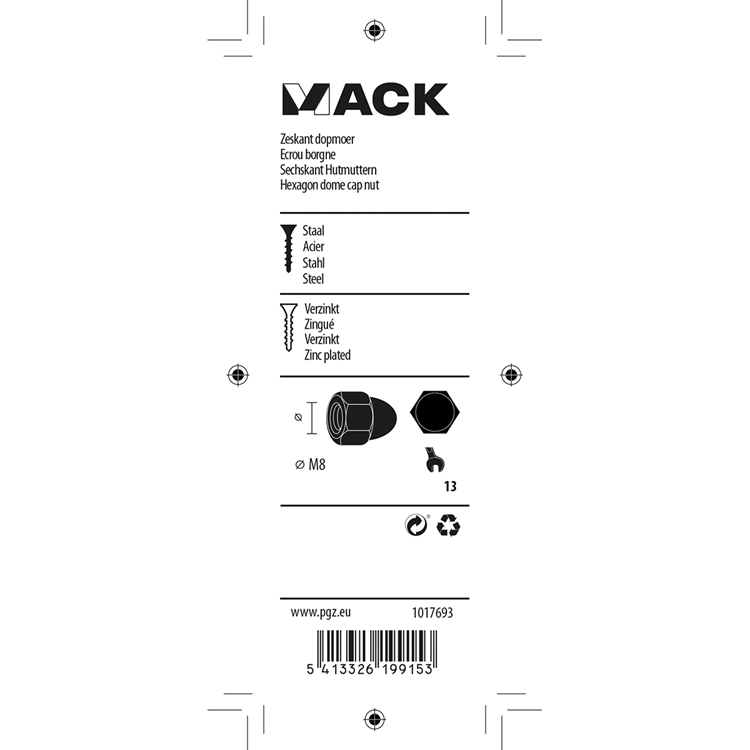 Mack 1017693 - zeskant dopmoer staal verzinkt4 st m8 | 10 stuks