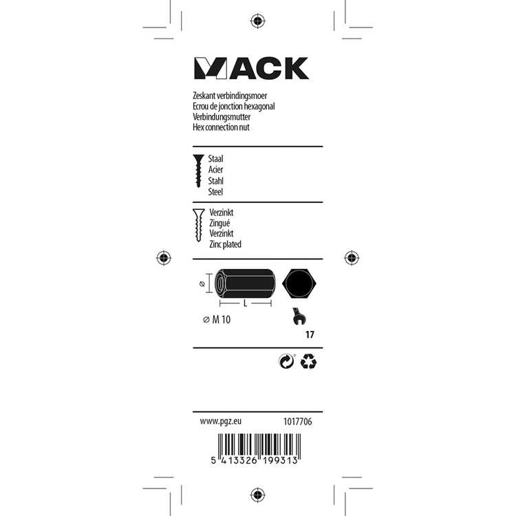 Mack 1017706 - zeskant verbindingsmoer verzinkt 2 st m10 | 5 stuks