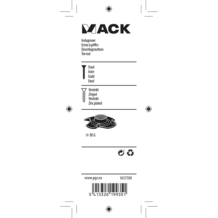 Mack 1017709 - inslagmoer staal verzinkt 4 st m6 | 10 stuks