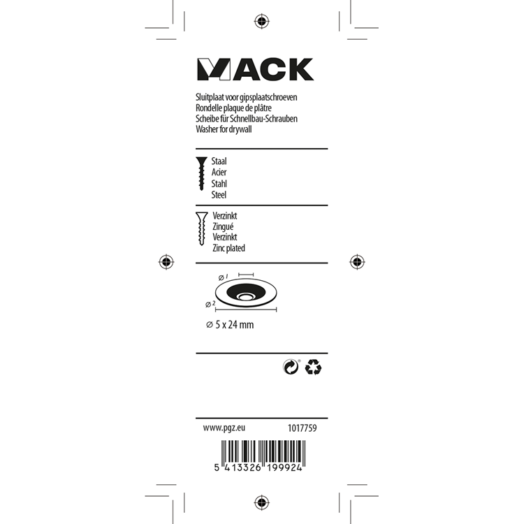 Mack 1017759 - sluitplaat vr gipsplaatschr. verz. 20 st 5 x 24 mm | 10 stuks