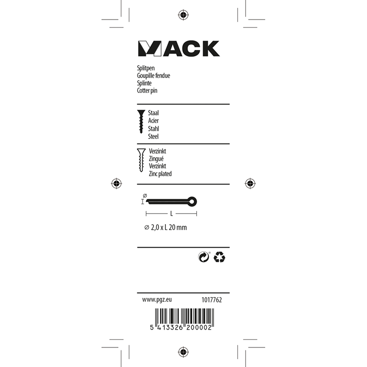 Mack 1017762 - splitpen staal verzinkt 22 st 2,0 x 20 mm | 10 stuks