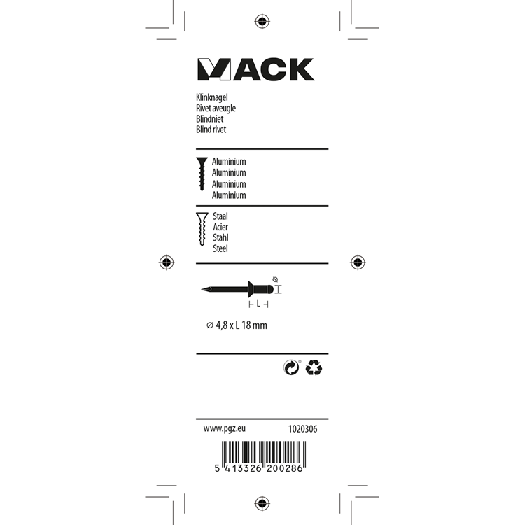 Mack 1020306 - 16 blindnieten alu 4,8x18mm | 5 stuks