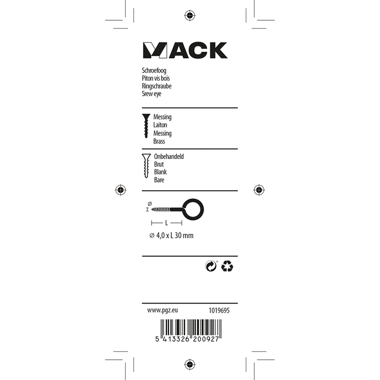 Mack 1019695 - schroefoog messing 2 st 4,0 x 30mm | 10 stuks