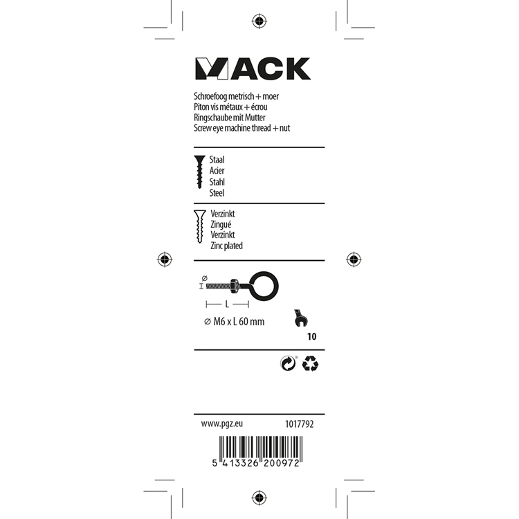 Mack 1017792 - schroefoog metrisch + moer verzinkt 3 st m6 x 60 mm | 10 stuks