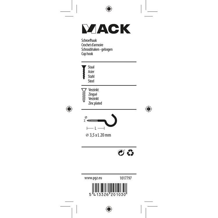 Mack 1017797 - schroefhaak staal verzinkt 10st 3,5 x 20 mm | 10 stuks
