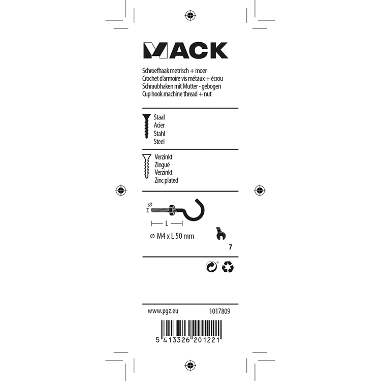 Mack 1017809 - schroefhaak metrisch + moer verziinkt 5st m4 x 50 mm | 10 stuks