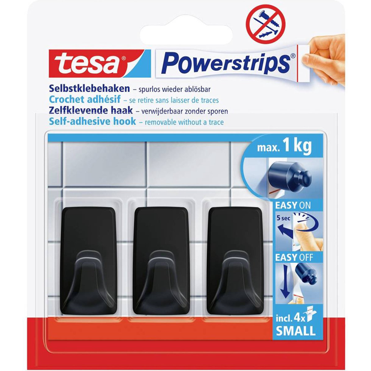 Tesa powerstrips serie - zelfklevende haak - zwart - 1kg draagvermogen - herbruikbaar