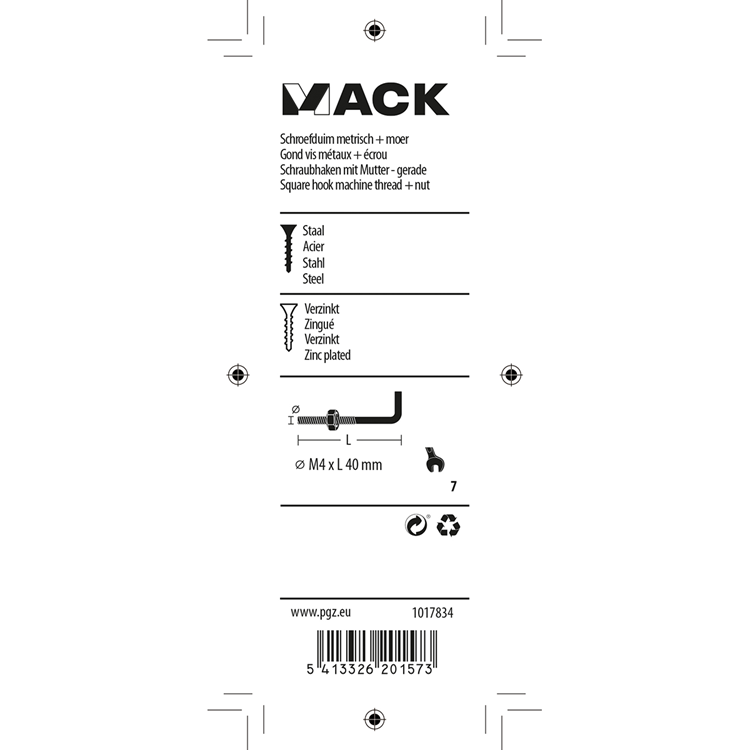 Mack 1017834 - schroefduim metrisch + moer staal 5 st m4 x 40 mm | 10 stuks