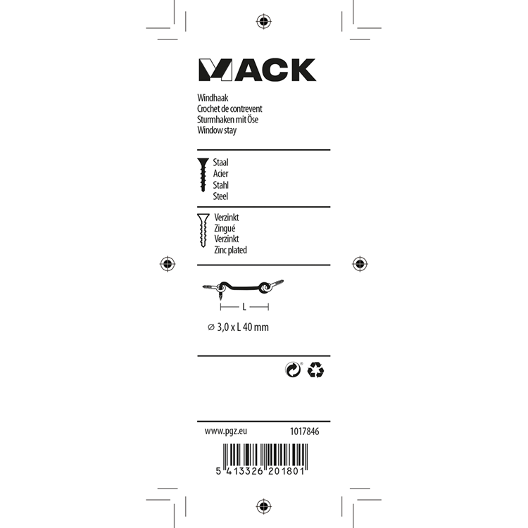 Mack 1017846 - windhaak staal verzinkt 2 st 3,0 x 40 mm | 10 stuks