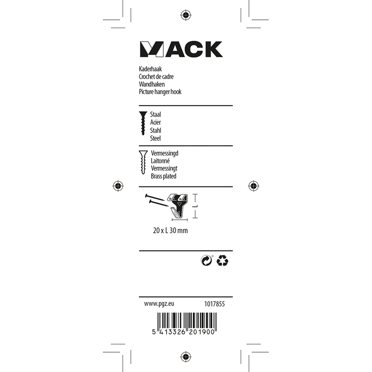 Mack 1017855 - kaderhaak staal vermessingd 6 st 20 x 30 mm | 5 stuks