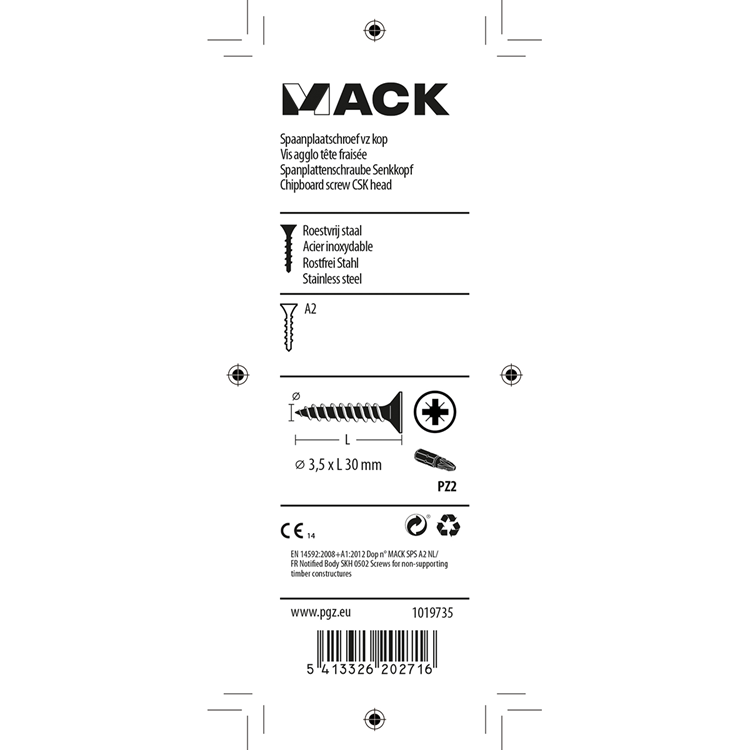 Mack 1019735 - spaanplaatschroef vz kop rvs 16 st 3,5 x 30 mm | 10 stuks