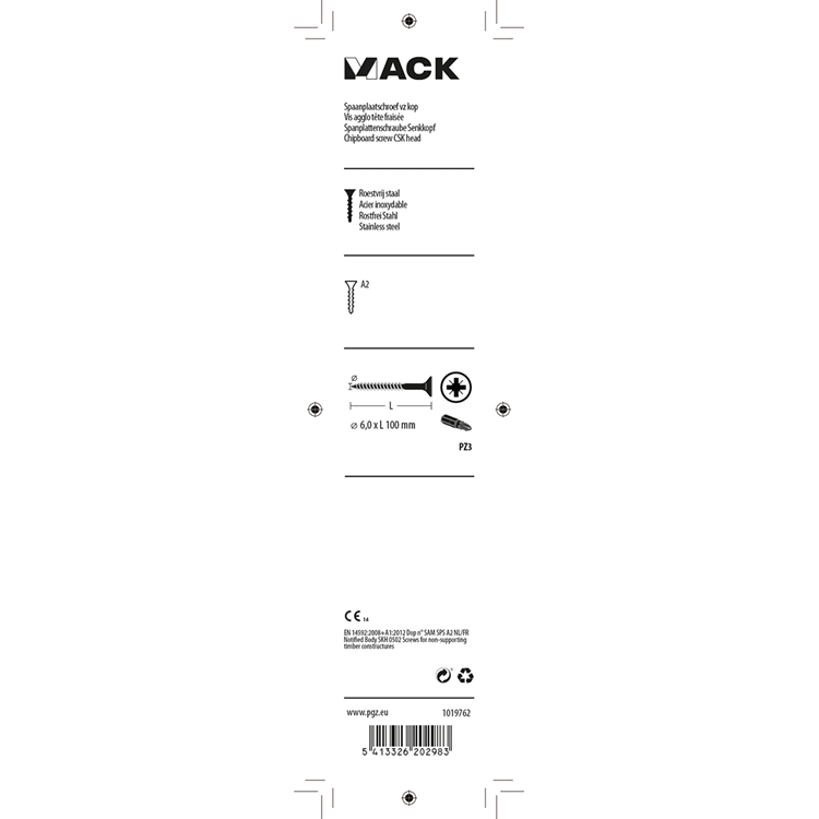 Mack 1019762 - spaanplaatschroef vz kop rvs 4 st 6,0 x 100mm | 5 stuks