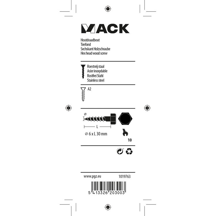 Mack 1019763 - houtdraadbout roestvrijstaal 5 st 6 x 30 mm | 10 stuks