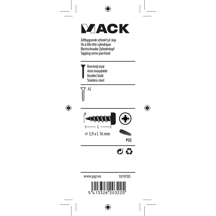 Mack 1019785 - zelftappende schroef cyl.kop a2 11 st 3,9 x 16 mm | 10 stuks