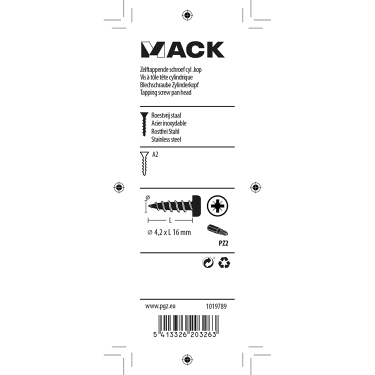 Mack 1019789 - zelftappende schroef cyl.kop a2 11 st 4,2 x 16 mm | 10 stuks
