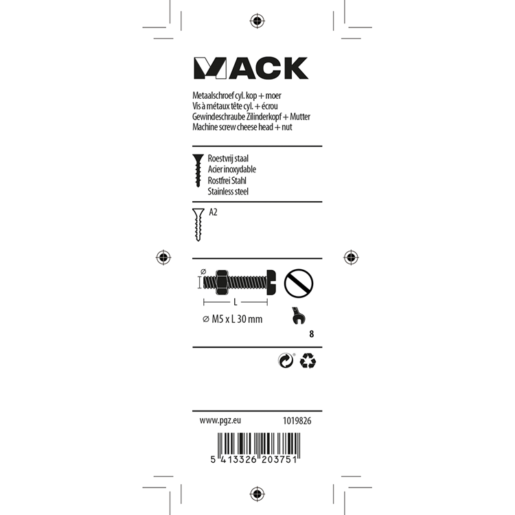 Mack 1019826 - metaalschroef cyl. kop + moer rvs 6 st m5x30 | 10 stuks