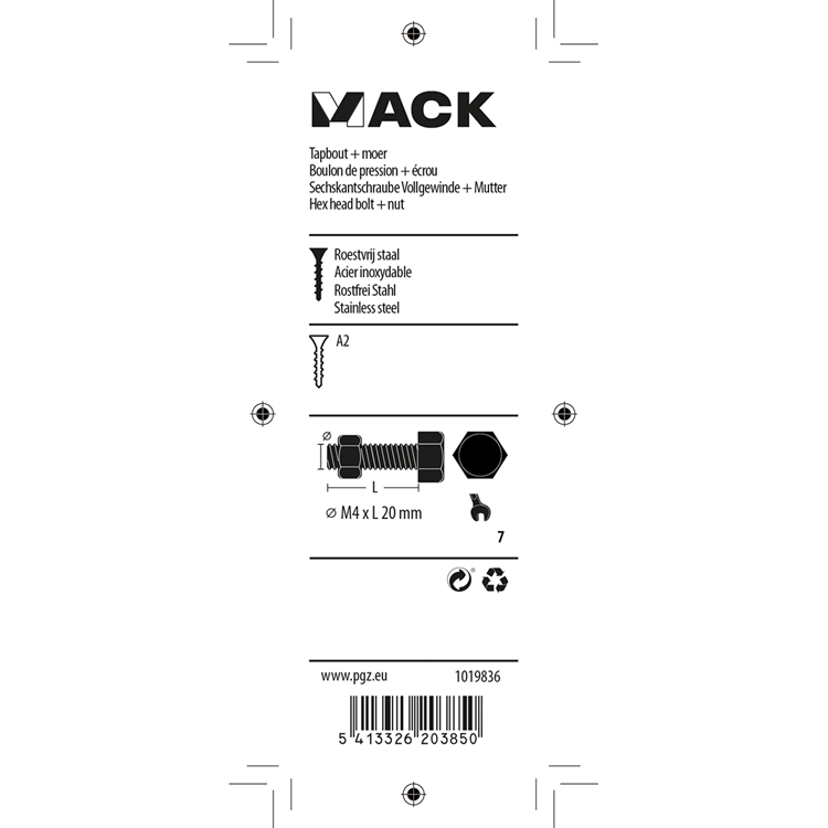 Mack 1019836 - tapbout + moer roestvrijstaal 10 st m4x20 | 10 stuks