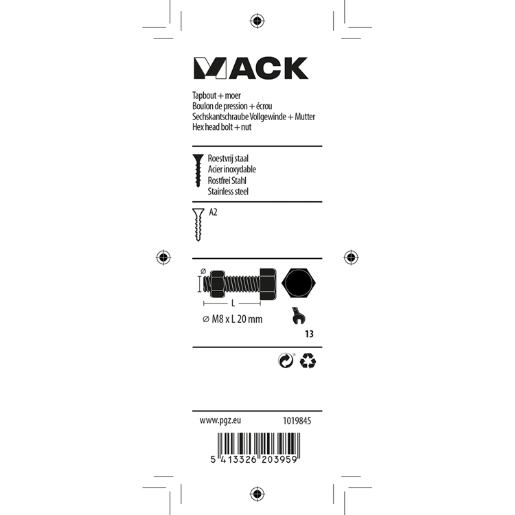 Mack 1019845 - tapbout + moer roestvrijstaal 2 st m8x20 | 10 stuks