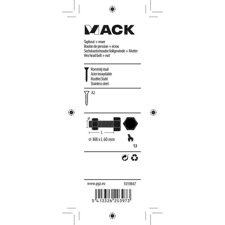 Mack 1019847 - tapbout + moer roestvrijstaal 2 st m8x60 | 10 stuks
