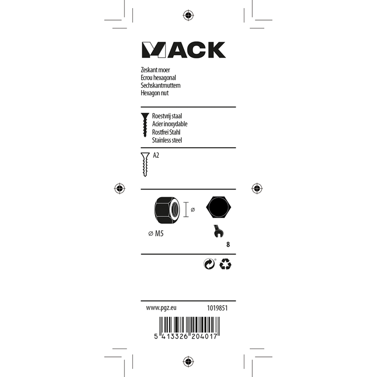 Mack 1019851 - zeskantmoer inox a2 16 st m5 | 10 stuks