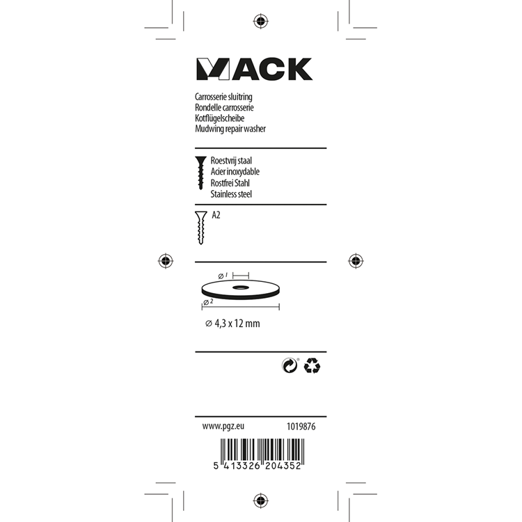 Mack 1019876 - carrosserie sluitring inox a2 12 st 4,3x12 | 10 stuks